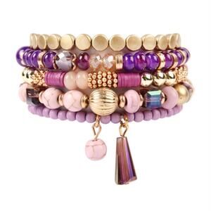 Purple Pink and Goldtone Stacking Bracelets Sparkle Stretchy 5 Pc Gem Tassel NEW